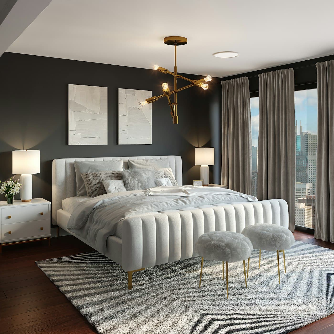 A bedroom with a dressed bed and calm finishes.