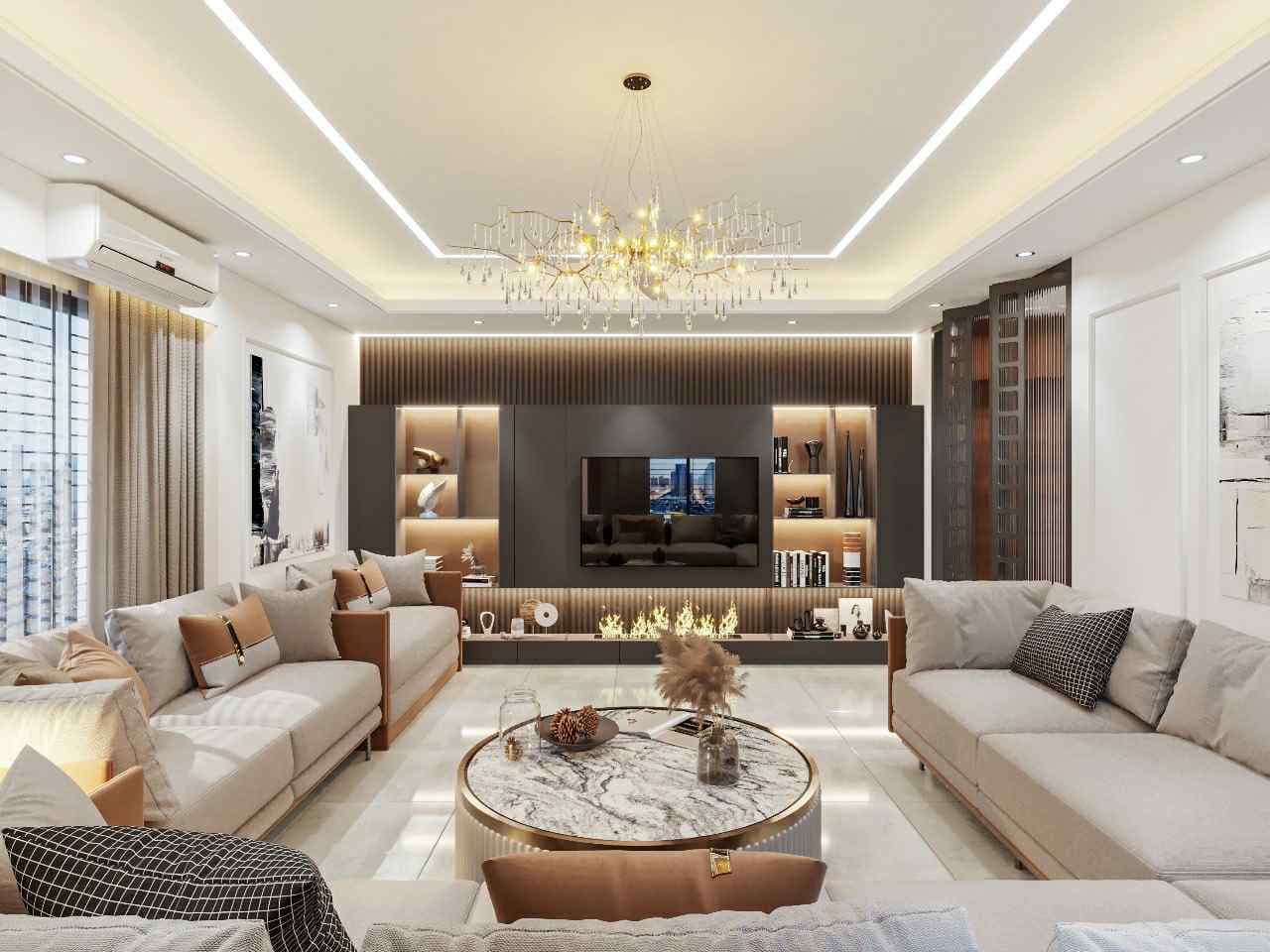 The finished living room with a slatted TV wall, cove lighting, and a crystal chandelier.