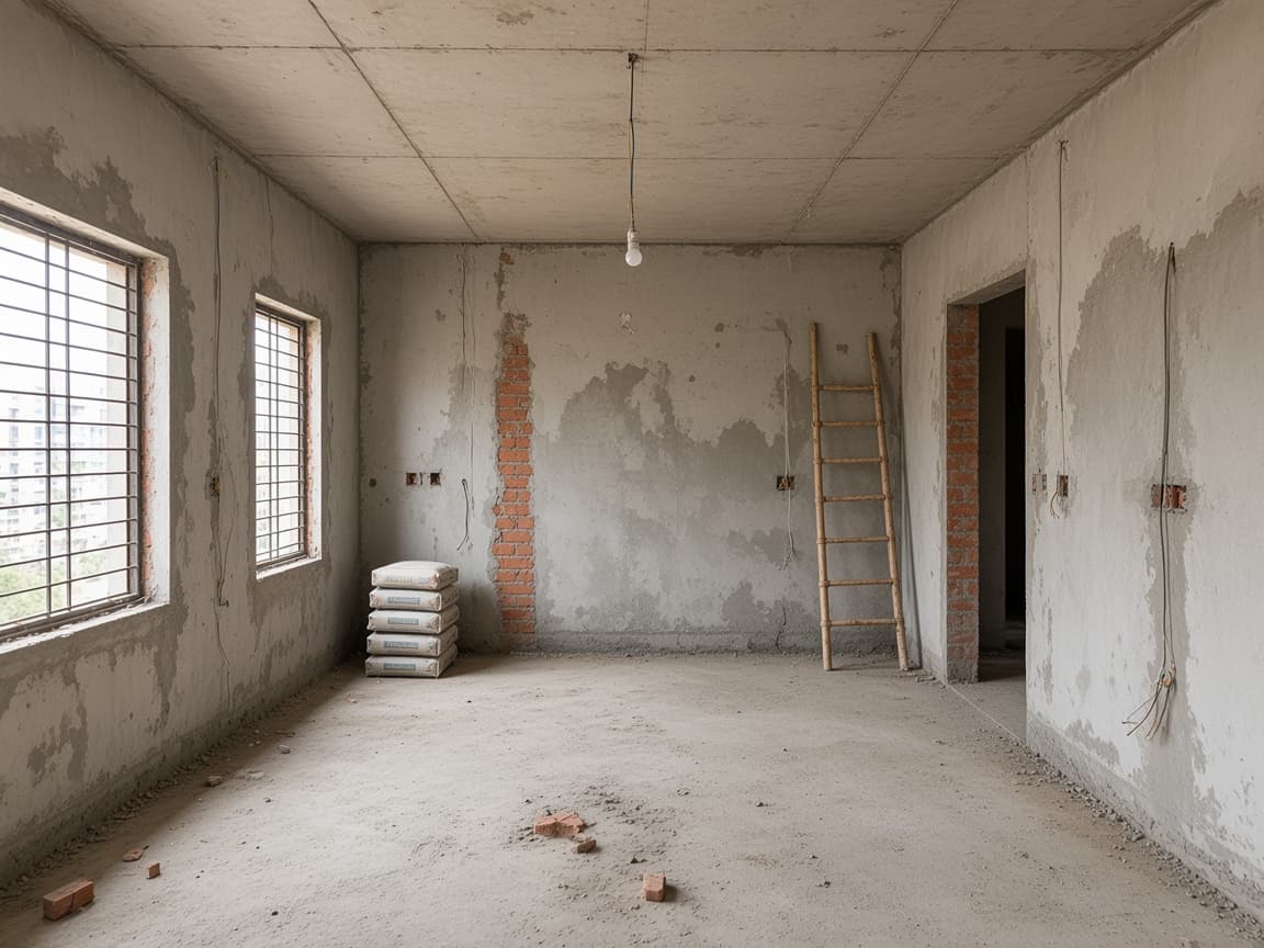 An unfinished living room with plastered walls, bare wiring, and a cement floor.