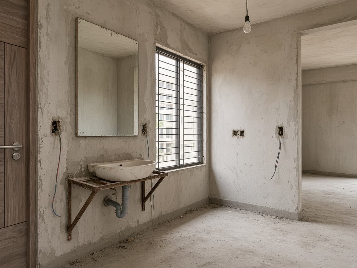 A bare wash corner with a basin on a rusty bracket and an unframed mirror.
