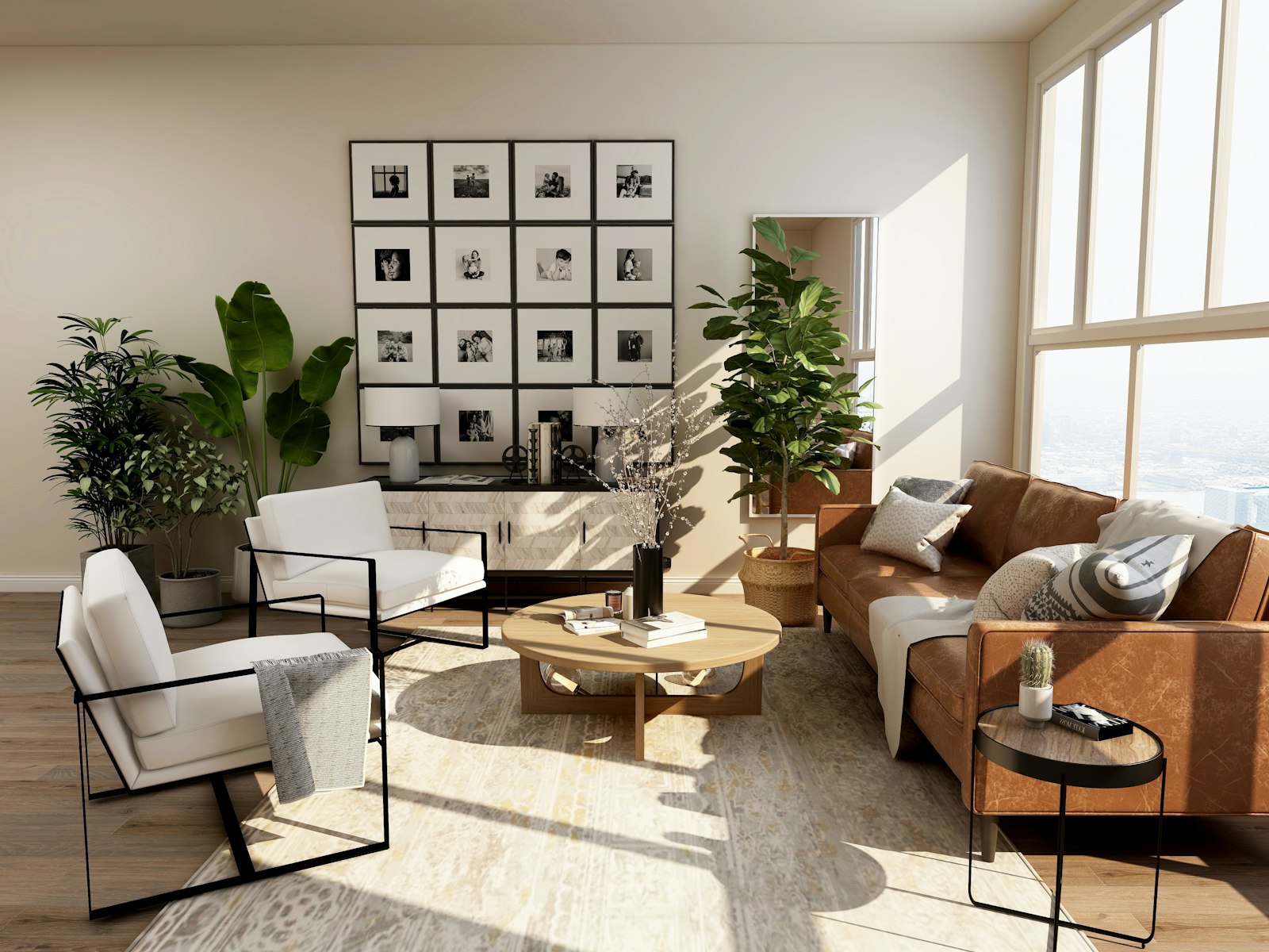 A double-height living room with a feature wall and pendant light.