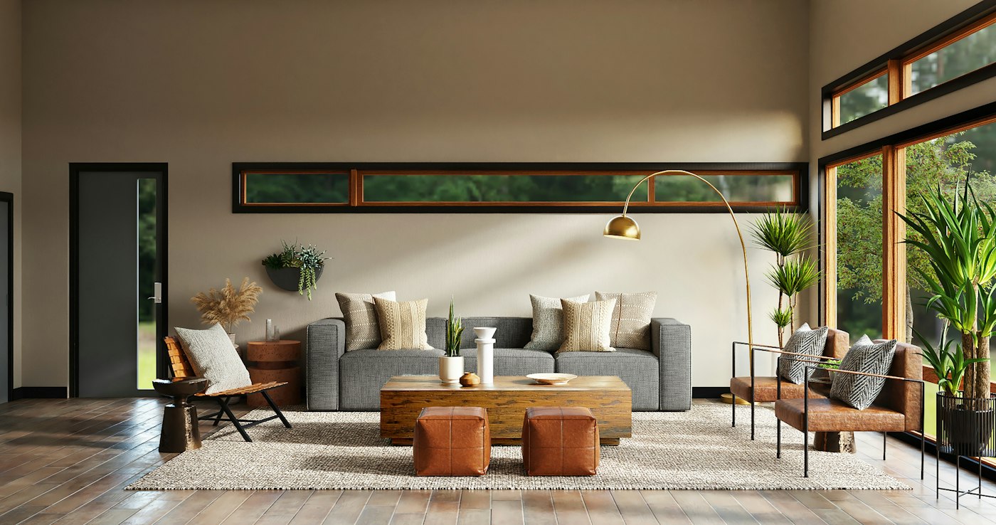 A sunlit living room used as the starting point for a design brief.